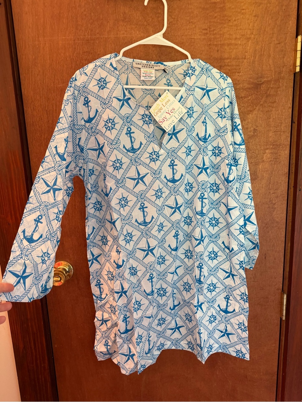 Gretchen Scott Designs White Tunic with Blue Nautical Anchors